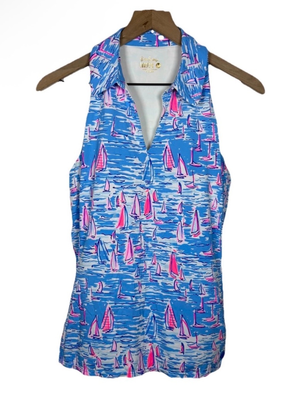 Lilly Pulitzer Luxletic Lakelyn Bra Polo Women’s Size M Blue Pink Boats Preppy